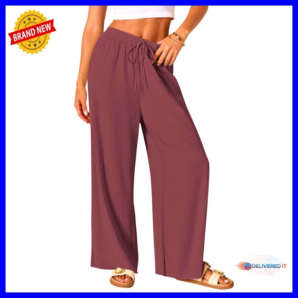 Cotton Linen Palazzo Pants Drawstring Elastic Waist Wide Leg Lounge Trousers